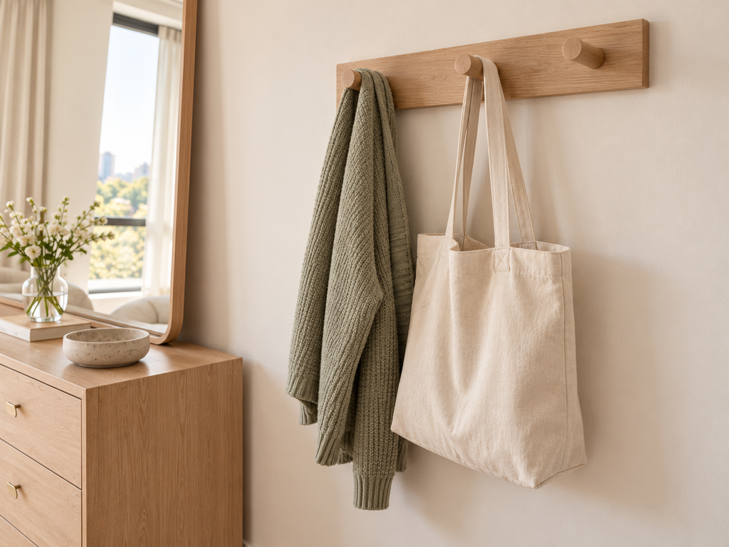 Wooden wall-mounted peg rack holding a sage green knitted cardigan and cream canvas tote bag beside a bedroom dresser