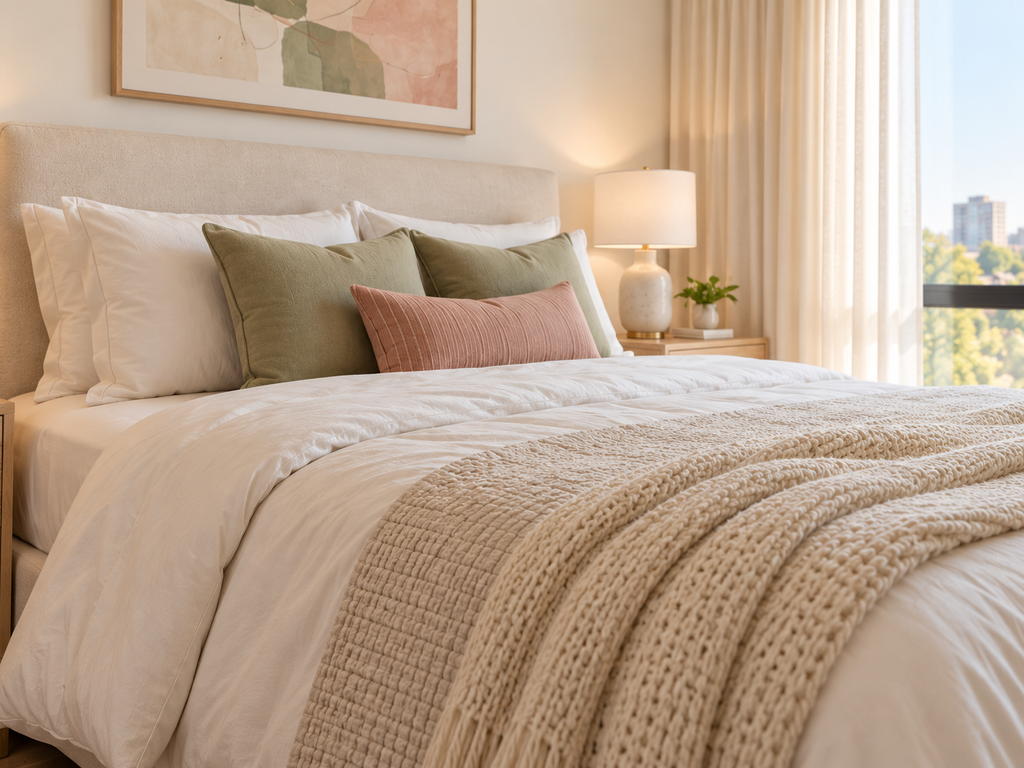 Calm cozy bedroom ideas featuring cream bedding, muted sage green pillows, a dusty rose accent cushion and a textured knitted throw