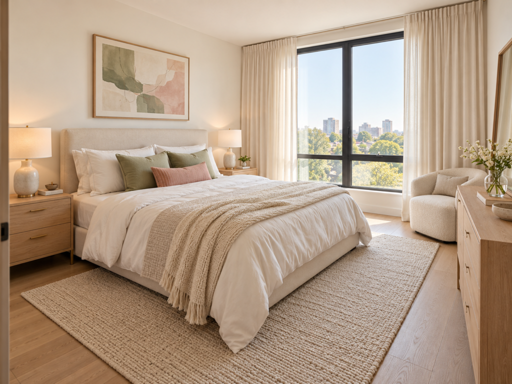 Bright and cozy modern bedroom with cream bedding, sage green pillows, a textured area rug, light oak furniture, and soft natural daylight