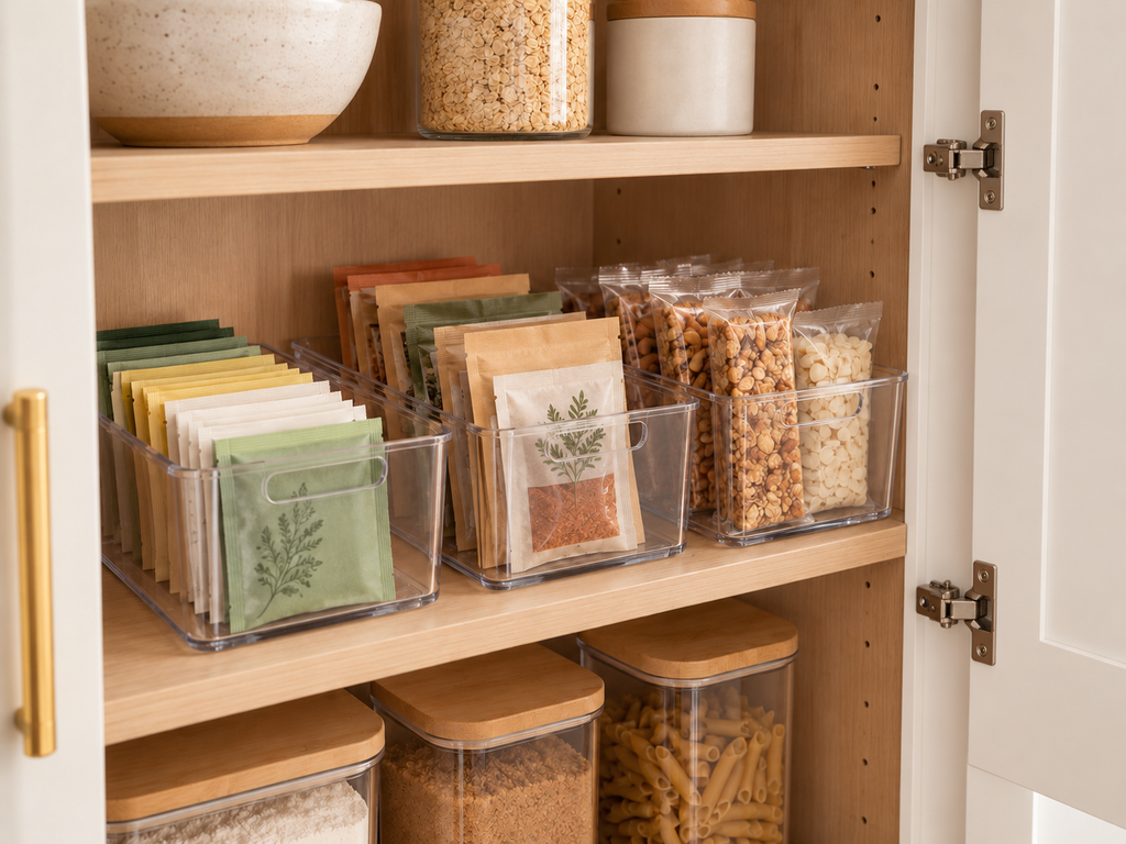 Kitchen cabinet organized with clear bins holding small packets, snacks, and pantry items.