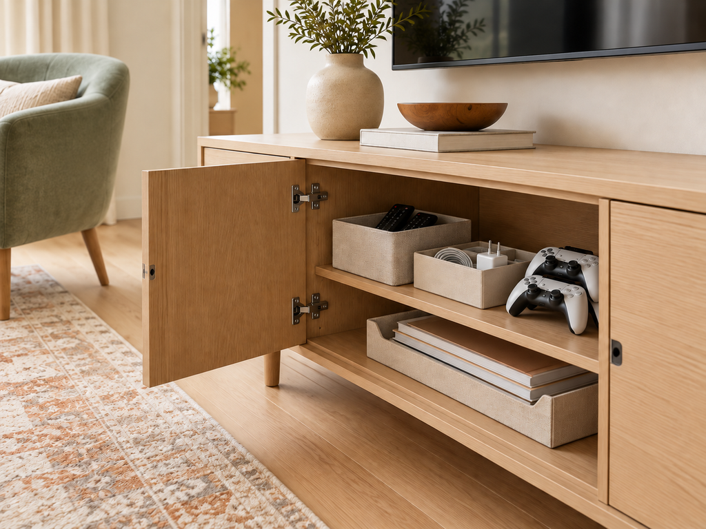 Small living room ideas featuring a light oak media console with organized storage for remote controls, charging cables, game controllers and paperwork