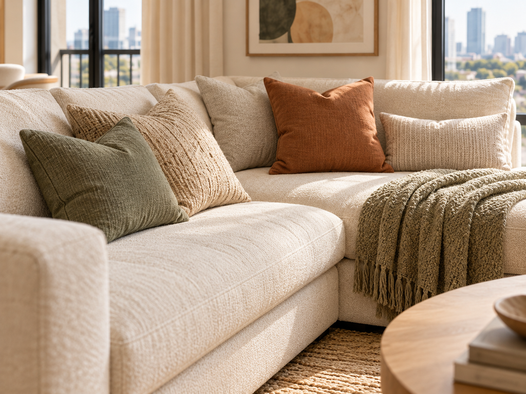 Cream sectional sofa styled with sage green and muted terracotta pillows, a soft knitted throw, and coordinated textured fabrics
