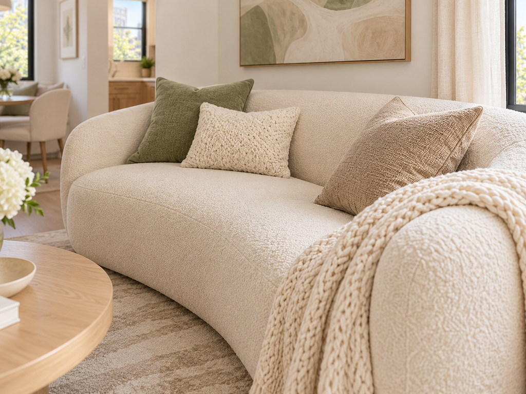 Cream bouclé sofa styled with sage green and neutral textured pillows and a chunky knitted throw in a cozy apartment living room