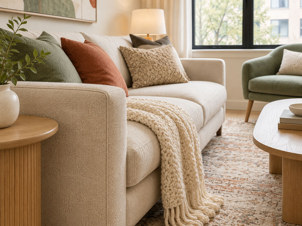 Cream upholstered sofa with textured neutral pillows, sage green and terracotta cushions, and a chunky knitted throw in a cozy living room