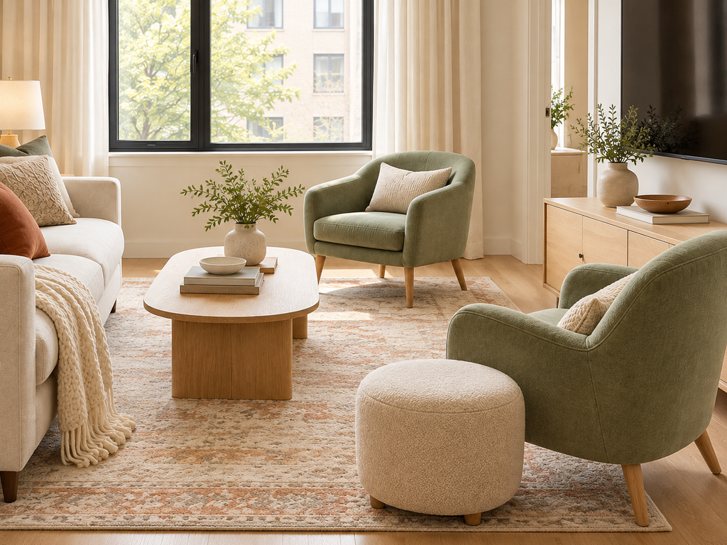 Two compact sage green accent chairs and a round cream ottoman arranged around a wooden coffee table in a small living room