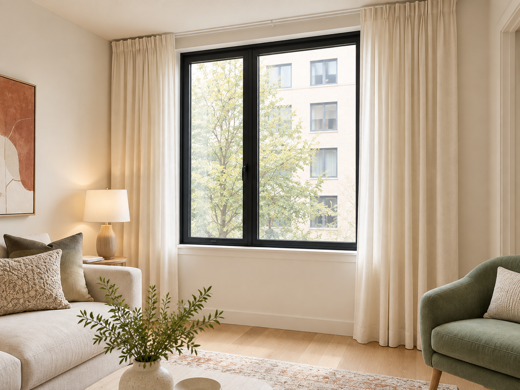 Floor-length cream curtains hung near the ceiling around a large black-framed window in a bright modern living room