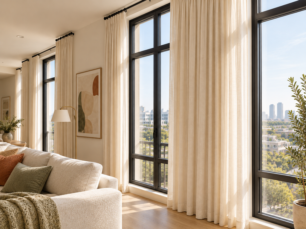 Floor-length cream curtains hung near the ceiling beside large black-framed windows in a bright contemporary living room