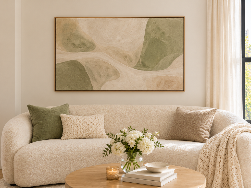 Large framed sage green and cream abstract artwork displayed above a cream sofa in a bright, modern apartment living room