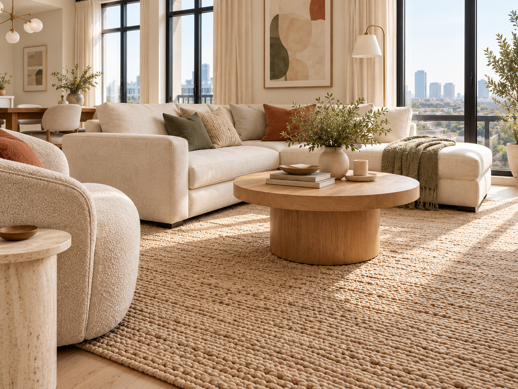 Large textured neutral rug extending beneath the cream sectional sofa and round coffee table to connect the living room seating