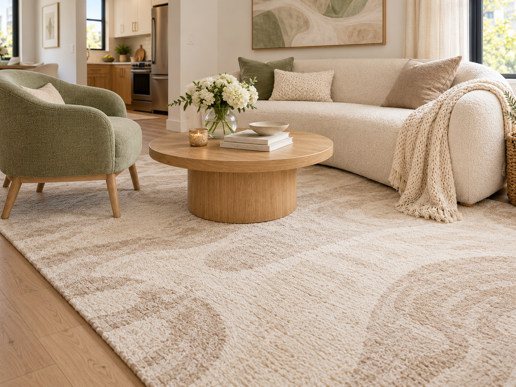 Large cream textured area rug extending beneath a sofa, sage green accent chair and round wooden coffee table in a cozy apartment living room