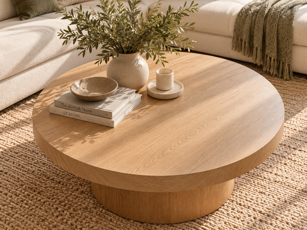 Round wooden coffee table with neatly arranged decor and open surface space to make a home look more put together