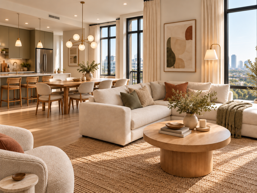 Modern contemporary open-plan apartment with a cream sectional sofa, round wooden coffee table, large area rug, and coordinated modern decor