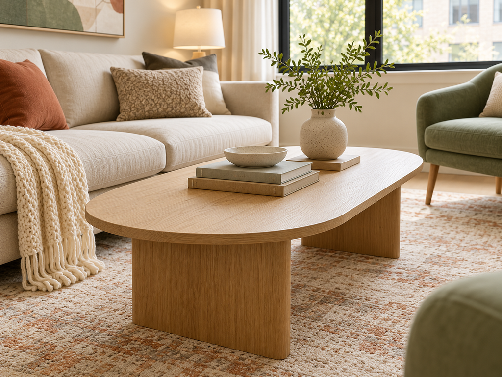 Oval light oak coffee table with rounded edges, ceramic decor and books positioned between a cream sofa and sage green accent chair