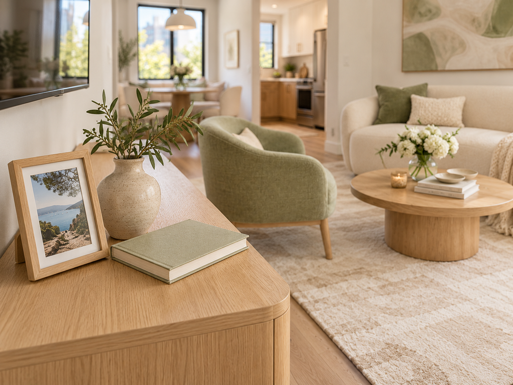Light wood console decorated with a framed landscape photograph, ceramic vase with olive branches and a sage green book