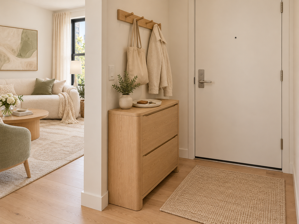 Renter-friendly apartment ideas featuring a compact entryway with wooden wall hooks, hanging coat, canvas tote bag and narrow storage cabinet