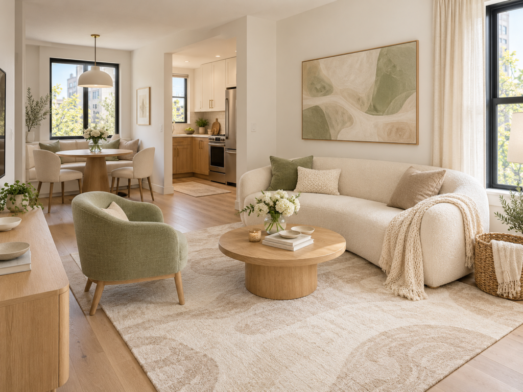 Bright contemporary apartment with a cream sofa, sage green accent chair, round wooden coffee table, large neutral rug and an open-plan dining area