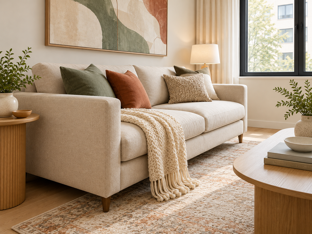 Compact cream sofa with sage green and terracotta pillows, a knitted throw and slim wooden legs in a small contemporary living room