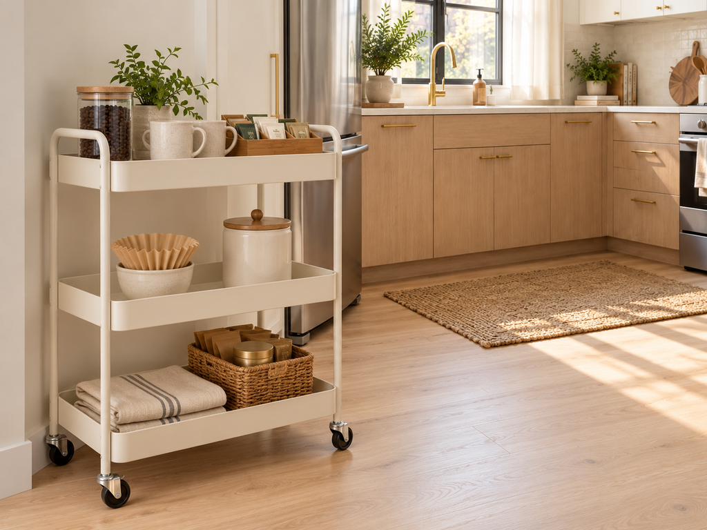 Small kitchen organization ideas featuring a white three-tier rolling cart with mugs, coffee supplies, folded towels and a wicker basket