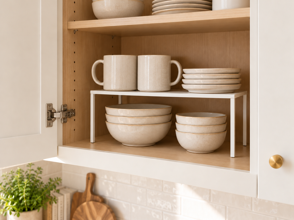 Tall kitchen cabinet with a shelf riser creating extra storage space for mugs, bowls, and plates.