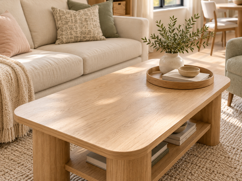 Light wood coffee table with minimal decor and open surface space in a small apartment living room, illustrating how leaving surfaces intentionally empty helps a home feel calmer and less cluttered.