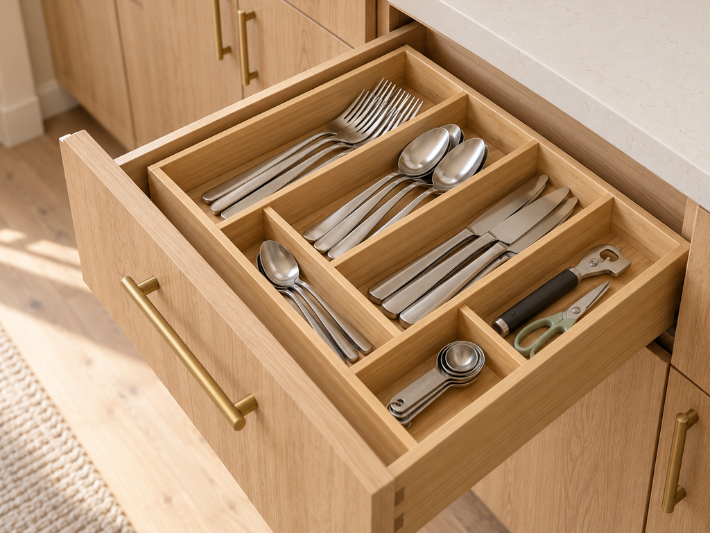 Kitchen drawer organized with bamboo dividers separating utensils, measuring spoons and small tools for easier everyday use in a small apartment.