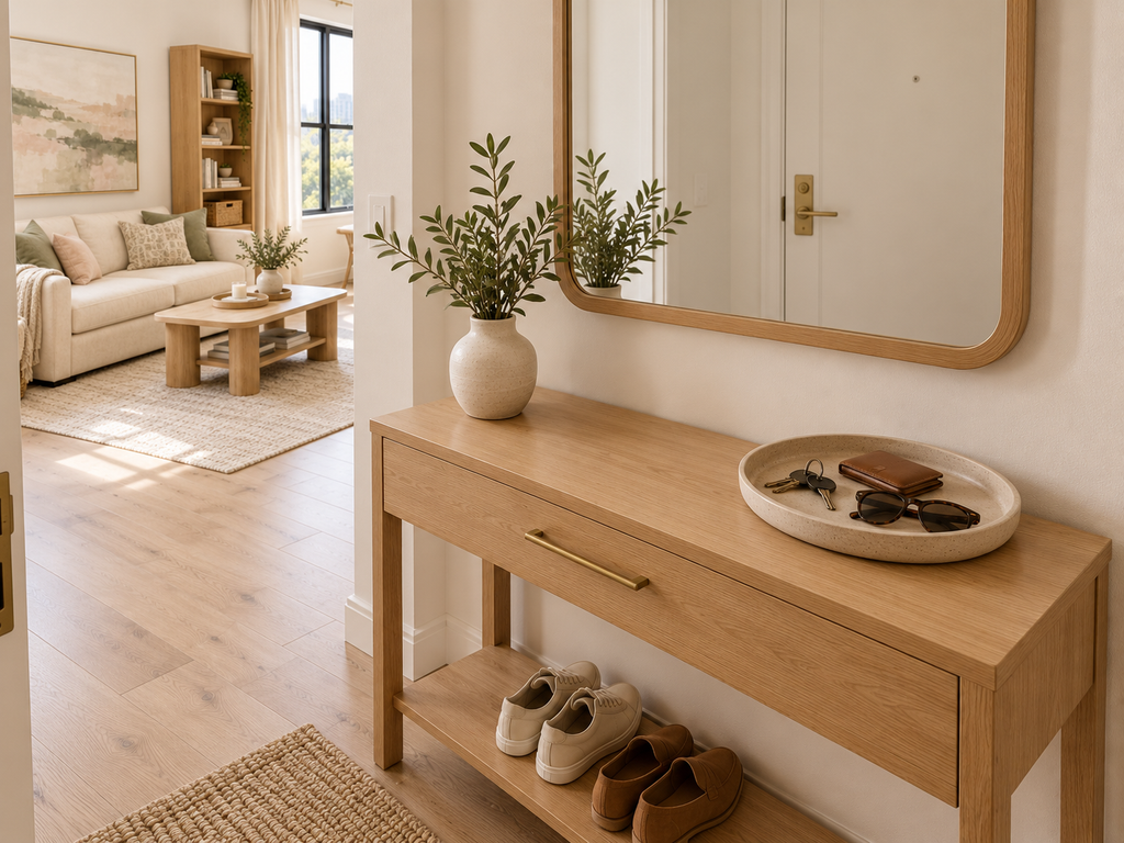 Entryway console table with a tray for keys, wallet and sunglasses, plus everyday shoes stored underneath, showing how to keep frequently used items within easy reach.