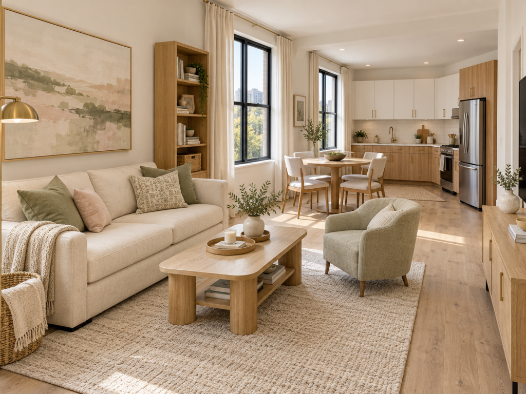 Small apartment organization ideas shown in a bright open-plan apartment with organized living room, dining area and kitchen for easier everyday living.