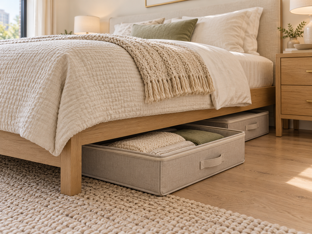 Fabric under-bed storage bins tucked beneath a neatly made bed in a small apartment bedroom, showing how under-bed space can be used for practical hidden storage.