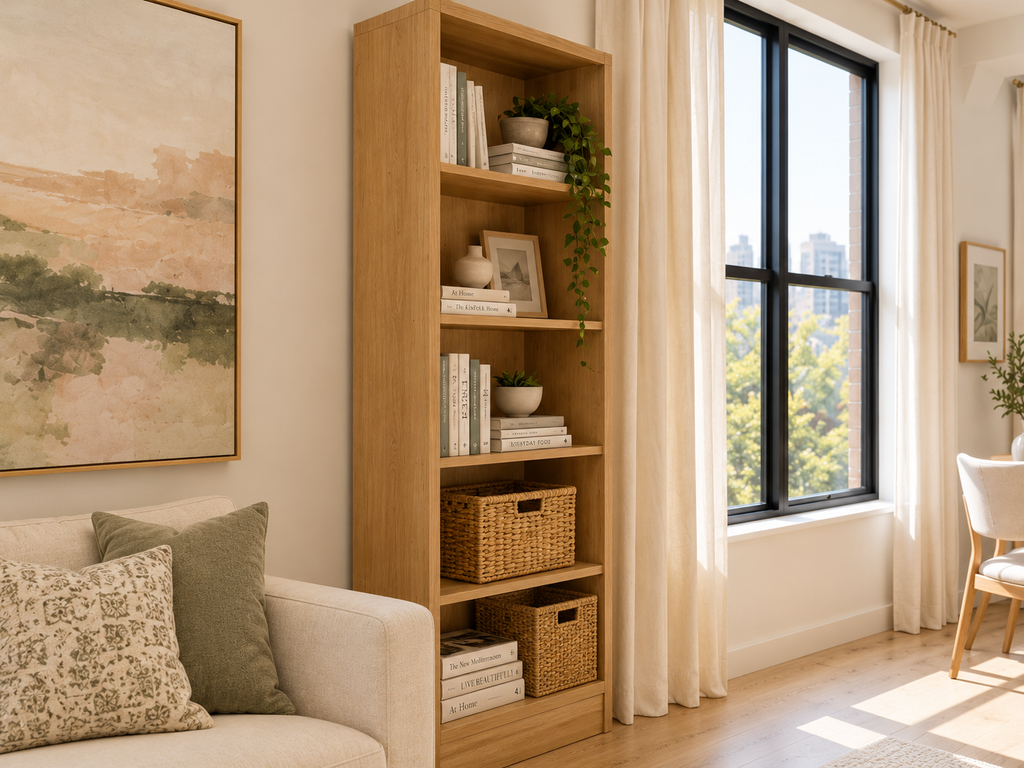 Tall wood bookcase with baskets, books and decor beside a window in a small apartment living area, showing how vertical storage adds organization without taking up more floor space.