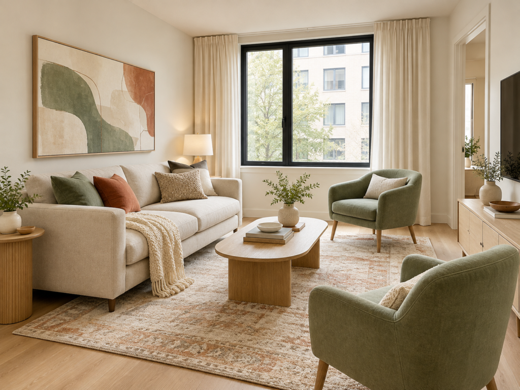 Bright small living room with cream sofa, sage green accent chairs, oval wooden coffee table, patterned area rug and coordinated contemporary decor