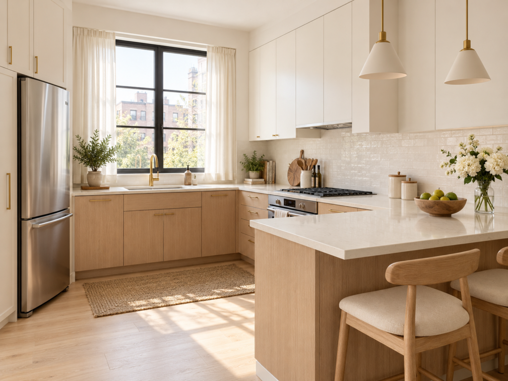 Bright small kitchen with light wood cabinets, white countertops, a window above the sink, and a neat organized layout.