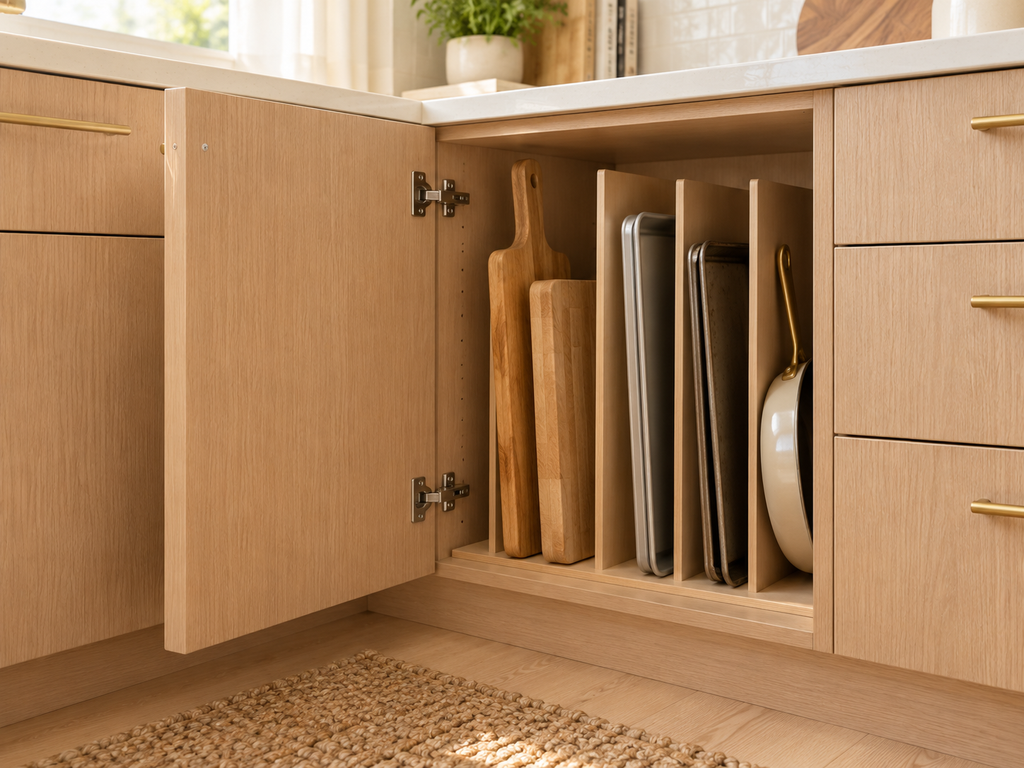 Lower kitchen cabinet with vertical dividers organizing cutting boards, baking sheets, and pans.