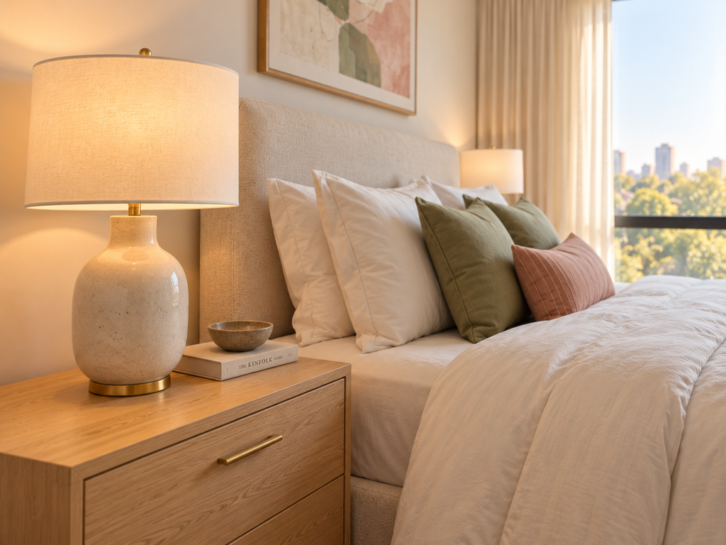 Warm bedside table lamp with a ceramic base illuminating a cozy bedroom with soft neutral bedding and sage green pillows