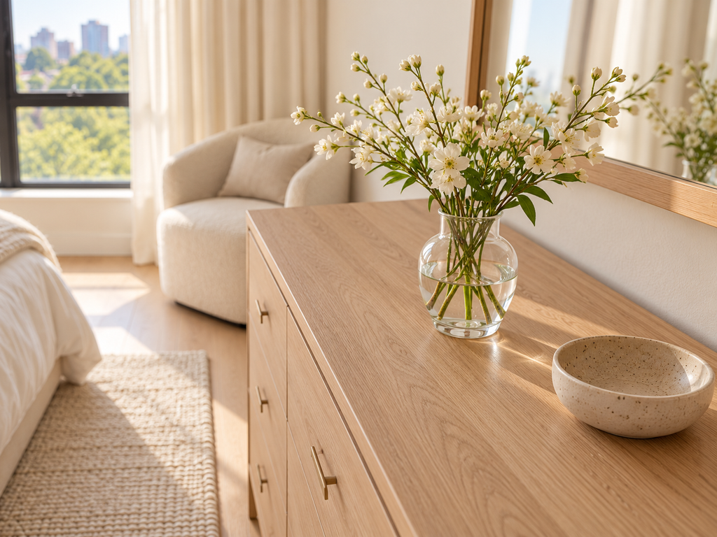 Delicate white flowers arranged in a clear glass vase on a light oak bedroom dresser with a ceramic bowl and soft natural light