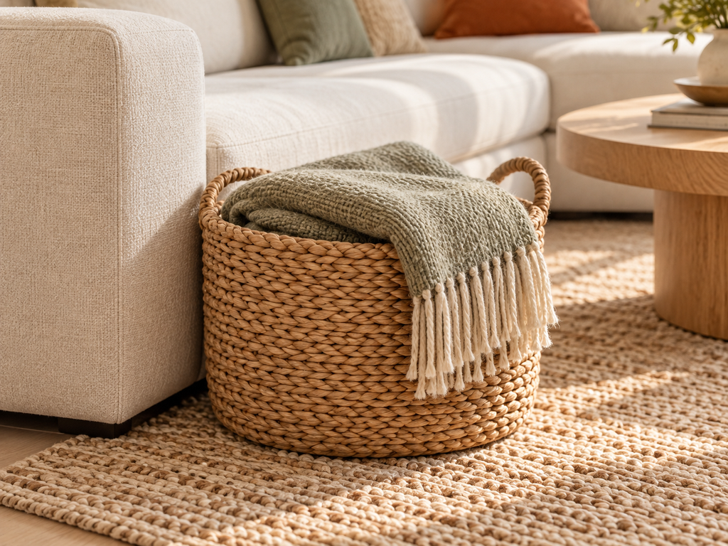 Woven storage basket holding a neatly folded throw blanket beside a cream sofa on a textured living room rug